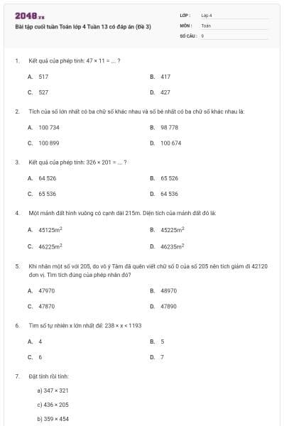Bài tập cuối tuần Toán lớp 4 Tuần 13 có đáp án (Đề 3)