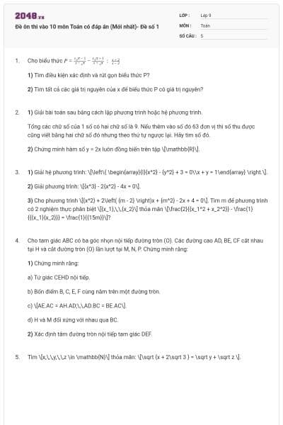 Đề ôn thi vào 10 môn Toán có đáp án (Mới nhất)- Đề số 1