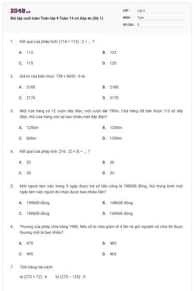 Bài tập cuối tuần Toán lớp 4 Tuần 14 có đáp án (Đề 1)