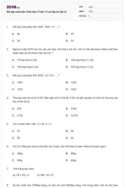 Bài tập cuối tuần Toán lớp 4 Tuần 14 có đáp án (Đề 2)