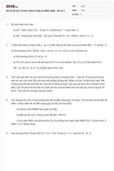 Đề ôn thi vào 10 môn Toán có đáp án (Mới nhất) - Đề số 3