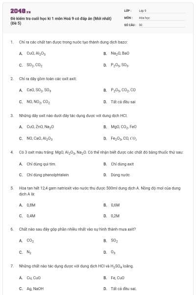 Đề kiểm tra cuối học kì 1 môn Hoá 9 có đáp án (Mới nhất) (Đề 5)