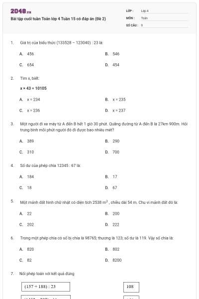 Bài tập cuối tuần Toán lớp 4 Tuần 15 có đáp án (Đề 2)