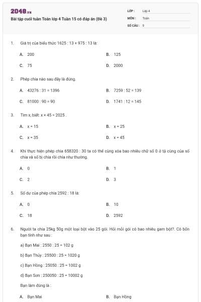 Bài tập cuối tuần Toán lớp 4 Tuần 15 có đáp án (Đề 3)