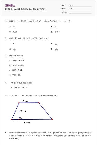 30 Đề thi học kì 2 Toán lớp 5 có đáp án(đề 18)