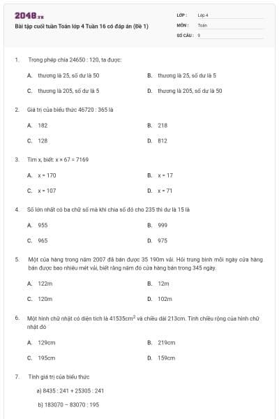 Bài tập cuối tuần Toán lớp 4 Tuần 16 có đáp án (Đề 1)