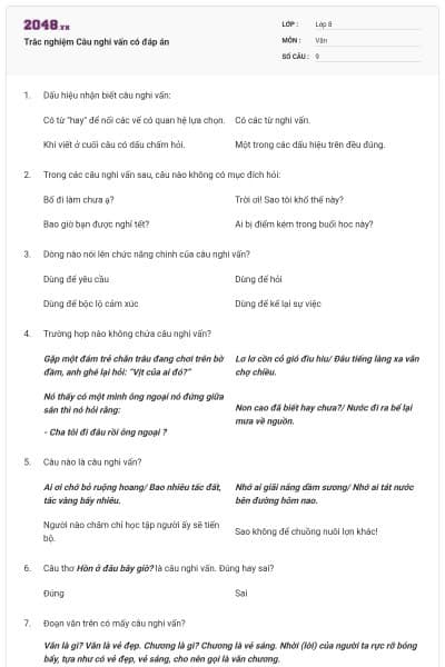 Trắc nghiệm Câu nghi vấn có đáp án