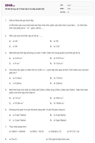 30 Đề thi học kì 2 Toán lớp 5 có đáp án(đề 20)