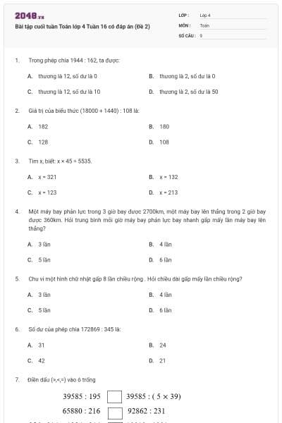 Bài tập cuối tuần Toán lớp 4 Tuần 16 có đáp án (Đề 2)