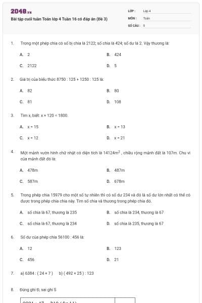 Bài tập cuối tuần Toán lớp 4 Tuần 16 có đáp án (Đề 3)
