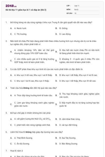 Đề thi Địa 11 giữa học kì 1 có đáp án (Đề 3)