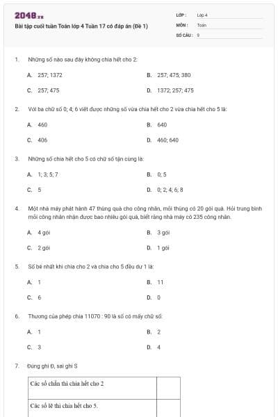 Bài tập cuối tuần Toán lớp 4 Tuần 17 có đáp án (Đề 1)