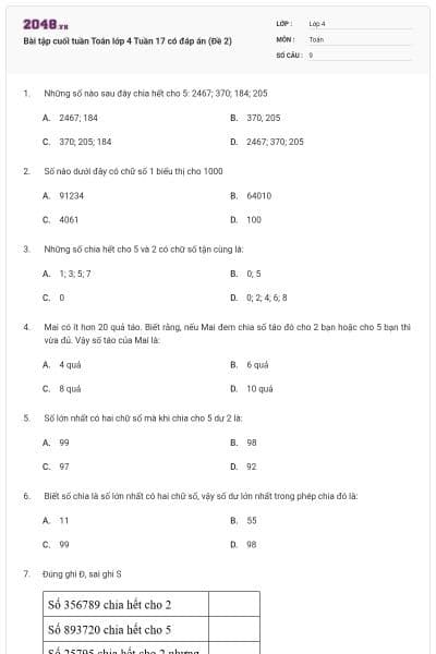 Bài tập cuối tuần Toán lớp 4 Tuần 17 có đáp án (Đề 2)