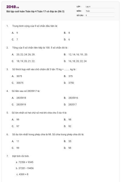 Bài tập cuối tuần Toán lớp 4 Tuần 17 có đáp án (Đề 3)