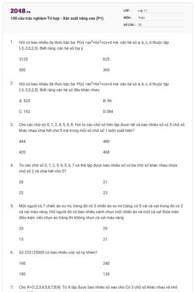 100 câu trắc nghiệm Tổ hợp - Xác suất nâng cao (P1)