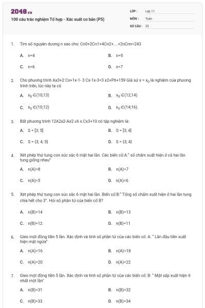 100 câu trắc nghiệm Tổ hợp - Xác suất cơ bản (P5)