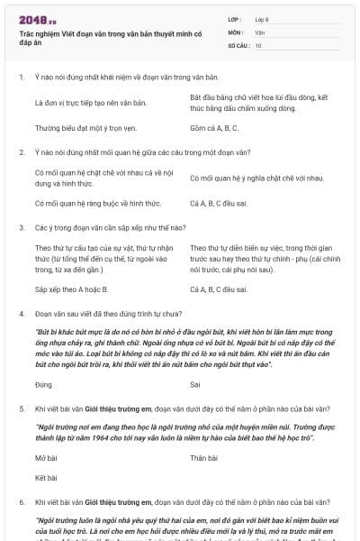 Trắc nghiệm Viết đoạn văn trong văn bản thuyết minh có đáp án