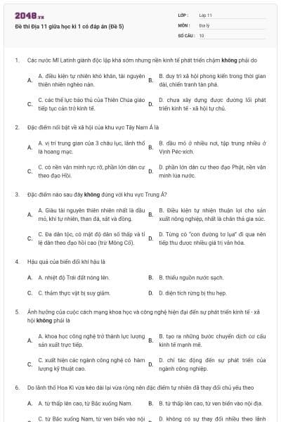 Đề thi Địa 11 giữa học kì 1 có đáp án (Đề 5)
