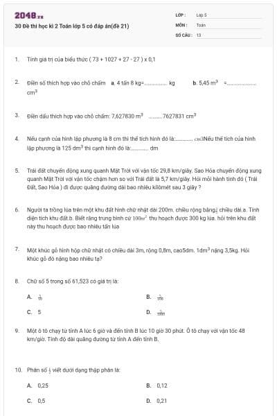 30 Đề thi học kì 2 Toán lớp 5 có đáp án(đề 21)