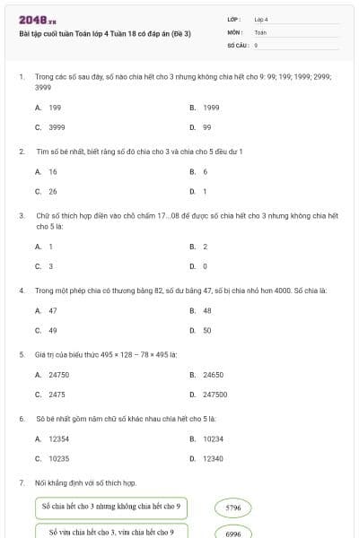 Bài tập cuối tuần Toán lớp 4 Tuần 18 có đáp án (Đề 3)
