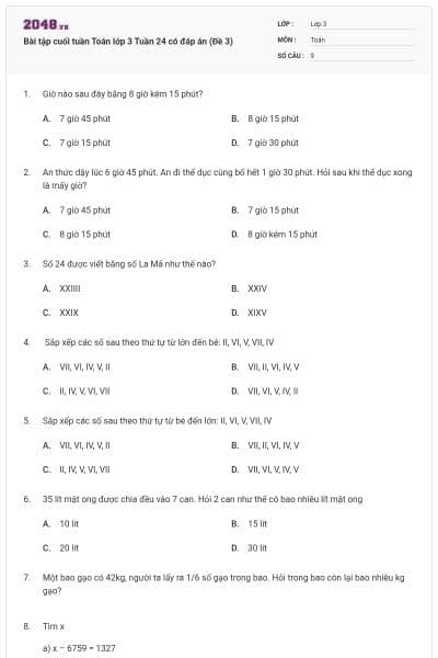 Bài tập cuối tuần Toán lớp 3 Tuần 24 có đáp án (Đề 3)