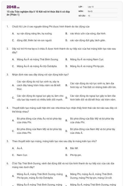 15 câu Trắc nghiệm Địa lí 10 Kết nối tri thức Bài 6 có đáp án (Phần 1)