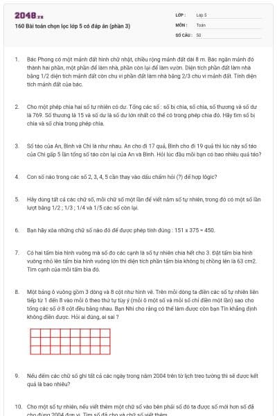 160 Bài toán chọn lọc lớp 5 có đáp án (phần 3)