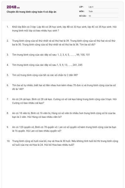 Chuyên đề trung bình cộng toán 4 có đáp án