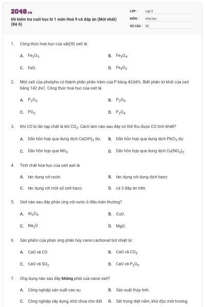 Đề kiểm tra cuối học kì 1 môn Hoá 9 có đáp án (Mới nhất) (Đề 6)