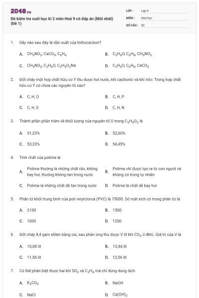 Đề kiểm tra cuối học kì 2 môn Hoá 9 có đáp án (Mới nhất) (Đề 1)