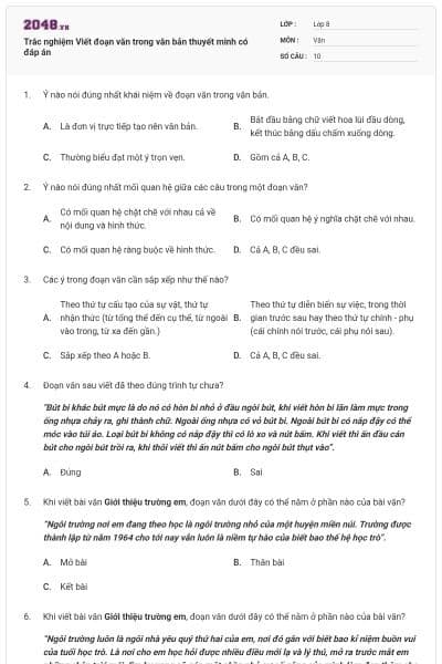 Trắc nghiệm Viết đoạn văn trong văn bản thuyết minh có đáp án