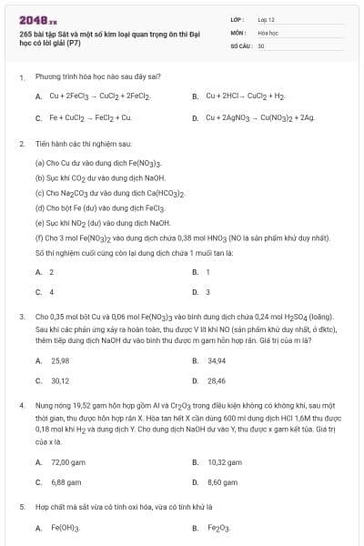 265 bài tập Sắt và một số kim loại quan trọng ôn thi Đại học có lời giải (P7)