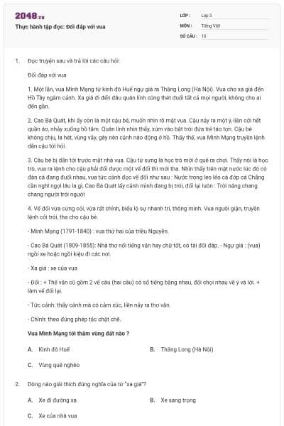 Thực hành tập đọc: Đối đáp với vua