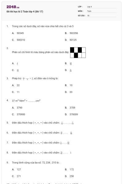 Đề thi học kì 2 Toán lớp 4 (Đề 17)