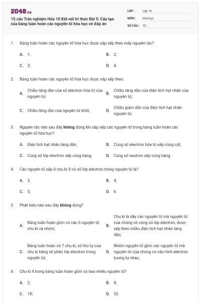 15 câu Trắc nghiệm Hóa 10 Kết nối tri thức Bài 5: Cấu tạo của bảng tuần hoàn các nguyên tố hóa học có đáp án