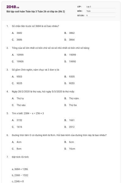 Bài tập cuối tuần Toán lớp 3 Tuần 26 có đáp án (Đề 2)