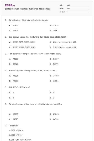 Bài tập cuối tuần Toán lớp 3 Tuần 27 có đáp án (Đề 2)