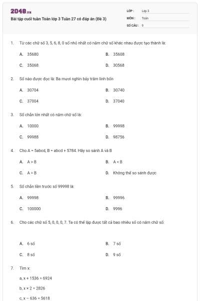 Bài tập cuối tuần Toán lớp 3 Tuần 27 có đáp án (Đề 3)