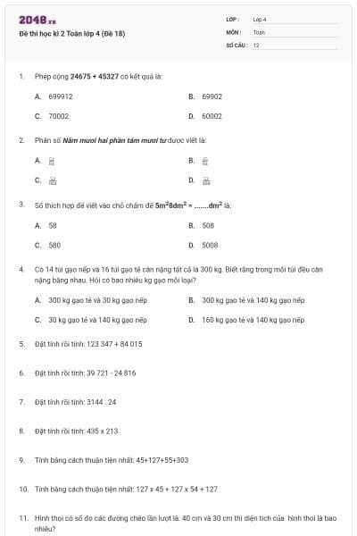 Đề thi học kì 2 Toán lớp 4 (Đề 18)