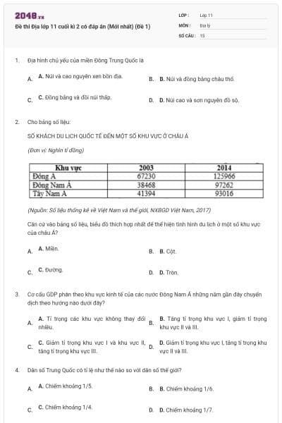 Đề thi Địa lớp 11 cuối kì 2 có đáp án (Mới nhất) (Đề 1)