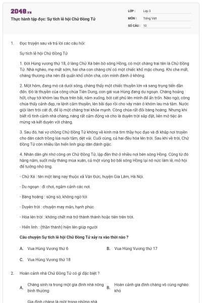 Thực hành tập đọc: Sự tích lễ hội Chử Đồng Tử