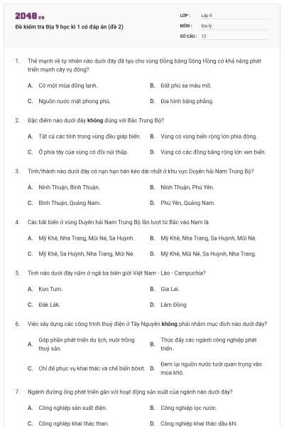 Đề kiểm tra Địa 9 học kì 1 có đáp án (đề 2)