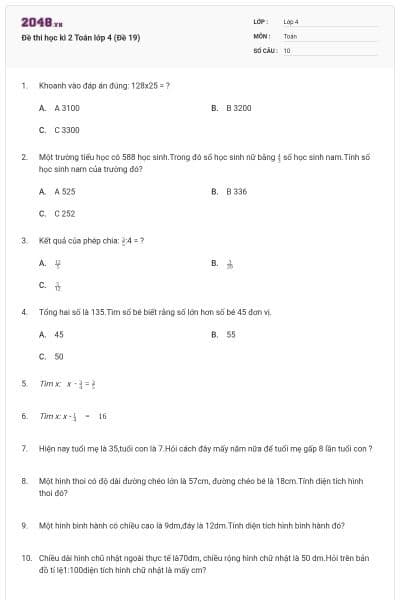 Đề thi học kì 2 Toán lớp 4 (Đề 19)