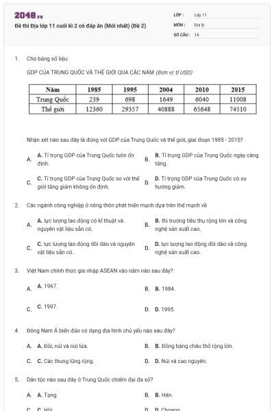 Đề thi Địa lớp 11 cuối kì 2 có đáp án (Mới nhất) (Đề 2)