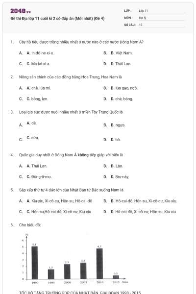 Đề thi Địa lớp 11 cuối kì 2 có đáp án (Mới nhất) (Đề 4)