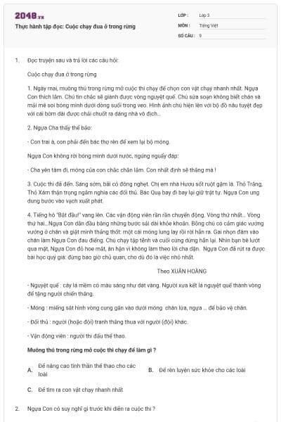 Thực hành tập đọc: Cuộc chạy đua ở trong rừng