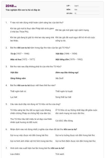 Trắc nghiệm Khi con tu hú có đáp án