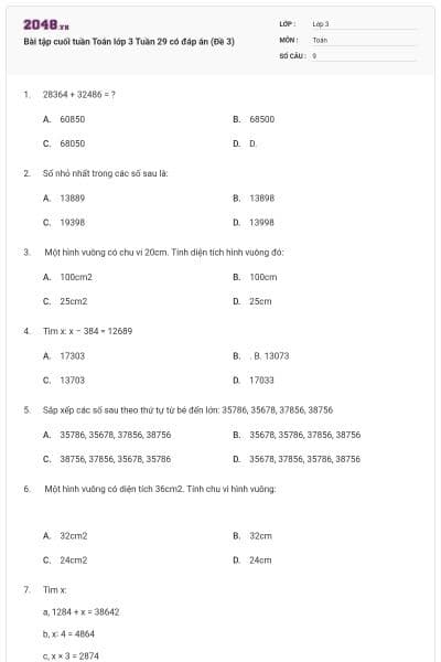 Bài tập cuối tuần Toán lớp 3 Tuần 29 có đáp án (Đề 3)