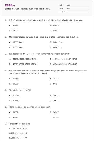 Bài tập cuối tuần Toán lớp 3 Tuần 30 có đáp án (Đề 1)