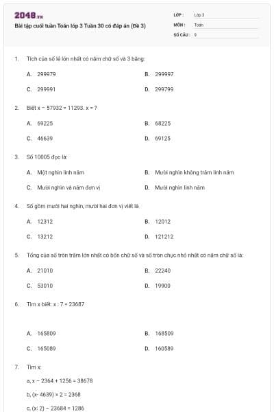 Bài tập cuối tuần Toán lớp 3 Tuần 30 có đáp án (Đề 3)